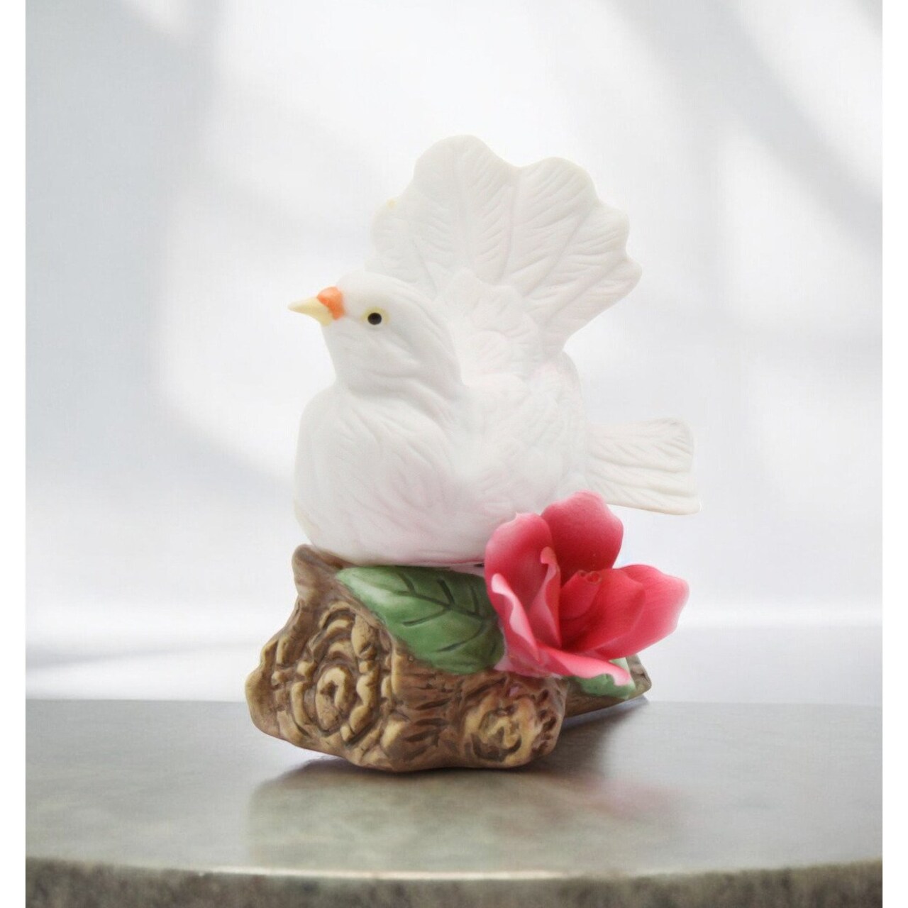 Ceramic White Dove Bird Figurine With Red Rose 3In Vintage Garden Decor Gift
